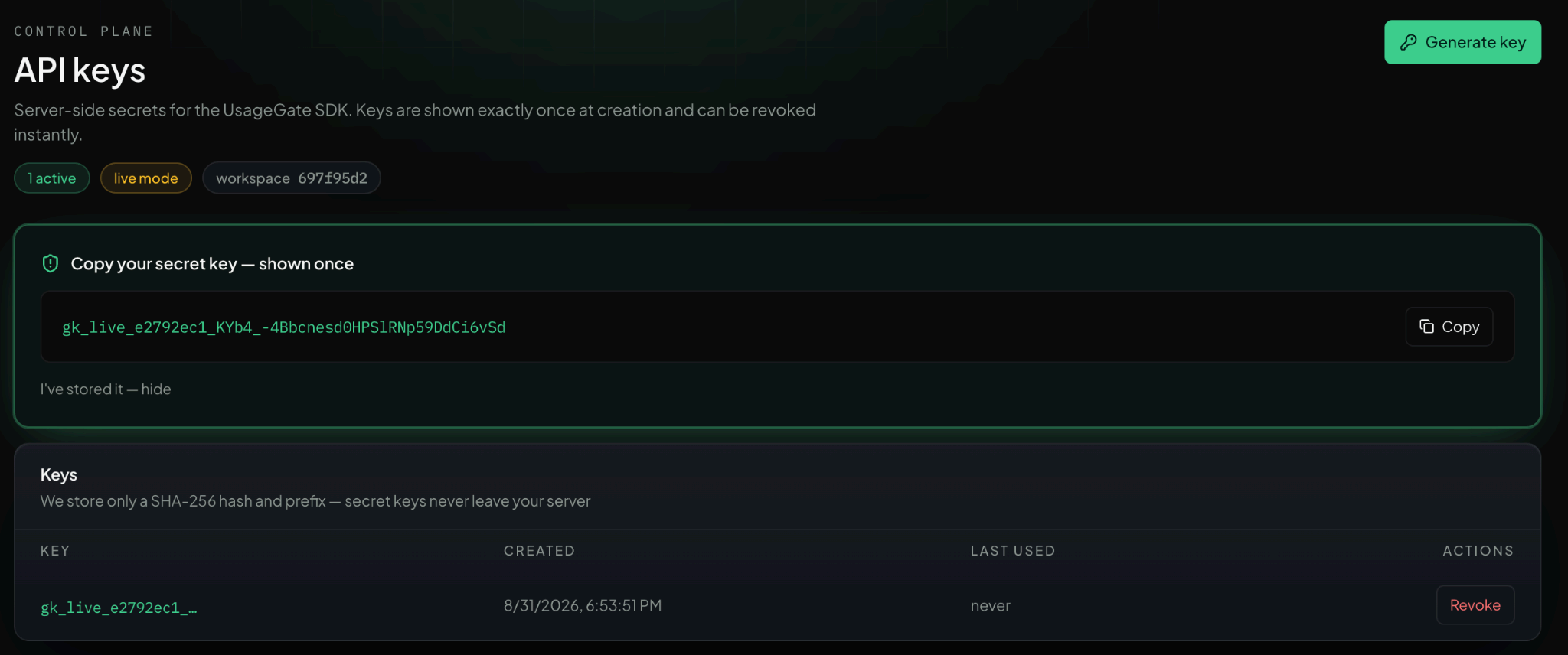 API keys · shown once