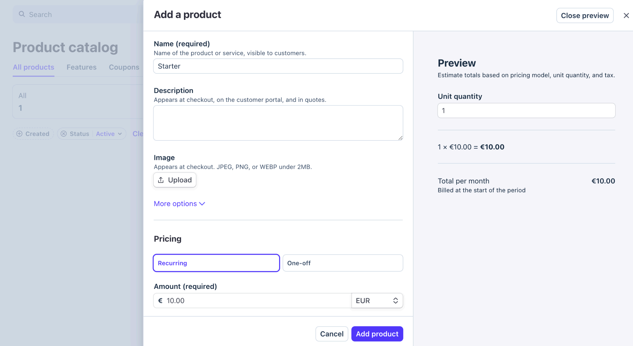 Add a product · €10.00 / month