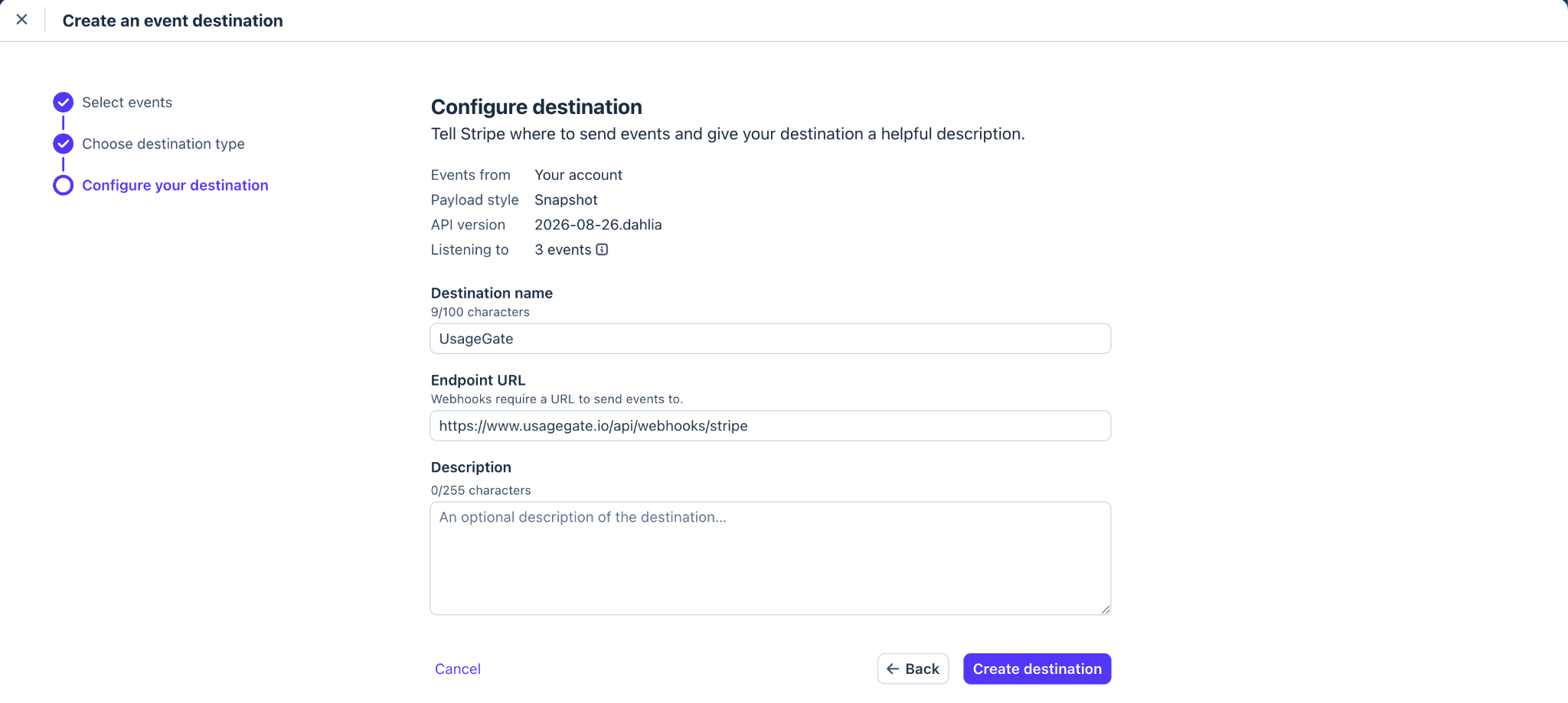 Create an event destination